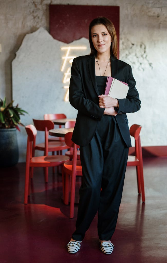 Fashionable young woman in a stylish cafe holding a notebook, standing confidently indoors.